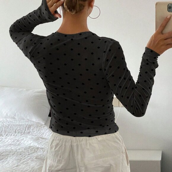 Black Casual Women's Polka Dot Fitted Crew Neck Long Sleeve Sheer Blouse - Picture 8 of 9